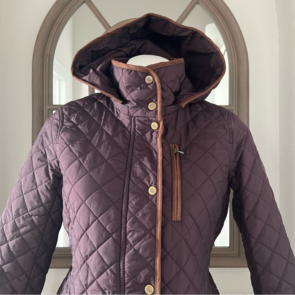 Lauren Ralph Lauren Faux-Leather-Trim Hooded Quilted Coat, Size S New w/Tag - Picture 5 of 16
